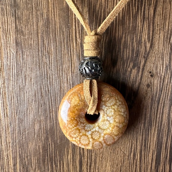 Jewelry - Yellow Golden Coral Fossil Donut Pendant Choker on Brown Faux Suede